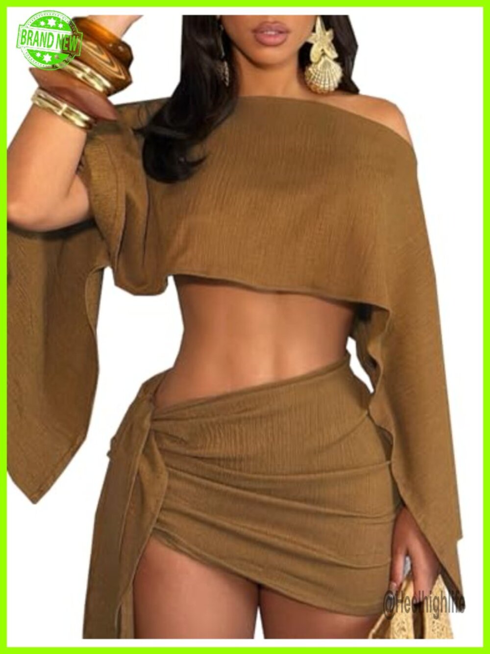 Women's 2 Piece Outfit Batwing Off Shoulder Crop Top and Mini Skirt Set